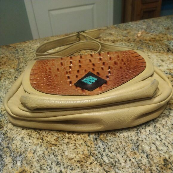 HANDMADE VINTAGE BEIGE LEATHER & ALLIGATOR W REAL TURQUOISE BAG PURSE - Picture 9 of 12